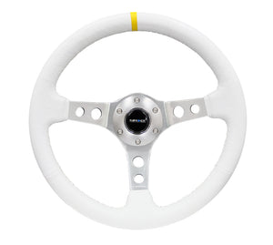 NRG Reinforced Steering Wheel (350mm / 3in. Deep) Wht Leather w/Silver Spoke & Single Yellow Mark