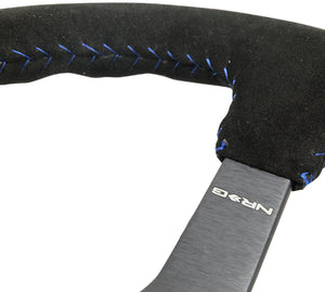 NRG Reinforced Steering Wheel (350mm / 3in. Deep) Blk Suede/Blue BBall Stitch w/5mm Matte Blk Spokes