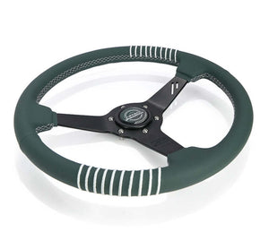 NRG Steering Wheel 1.5in Dish 350mm Black Perforated Leather - Emerald Stitching - Reinforced Spoke