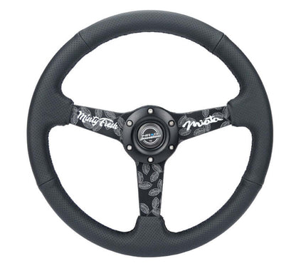 NRG Reinforced Black Perforated Leather Steering Wheel 350mm / 1.5in Deep w/ Goal Digger Blk Stitch