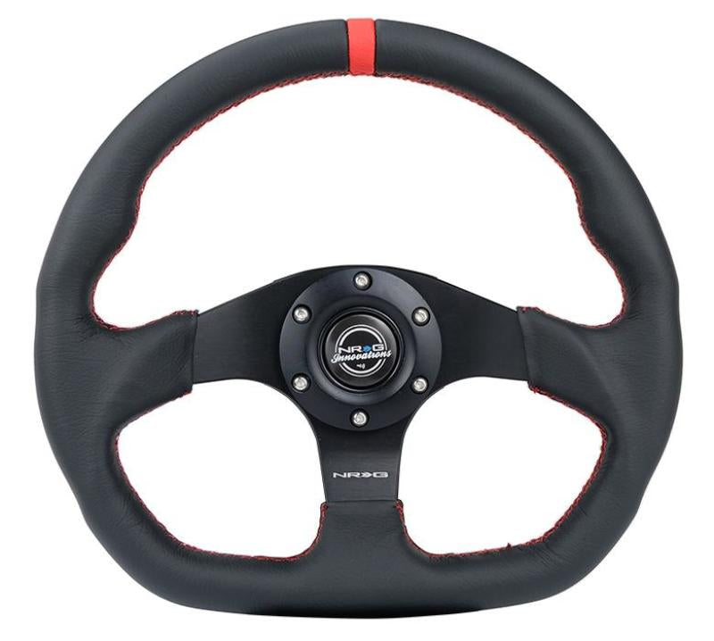 NRG Reinforced Steering Wheel (320mm) Sport Leather Flat Bottom w/ Red Center Mark/ Red Stitching