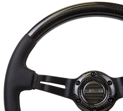 NRG Carbon Fiber Steering Wheel (350mm / 1.5in. Deep) Leather Trim w/Blk Stitch & Slit Cutout Spokes