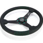 NRG Steering Wheel 1.5in Dish 350mm Black Perforated Leather - Emerald Stitching - Reinforced Spoke