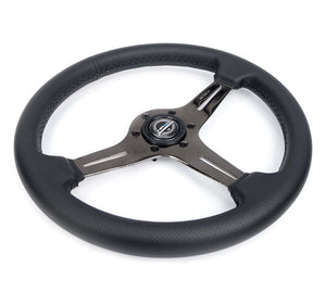 NRG Light Weight Gaming Steering Wheel - 350mm 3 Black Chrome Silver Spokes Perforated Leather