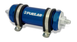 Fuelab 858 In-Line Fuel Filter Long -10AN In/Out 40 Micron Stainless w/Check Valve - Blue