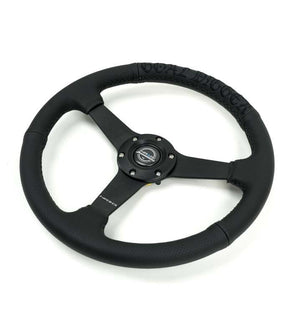 NRG Reinforced Black Perforated Leather Steering Wheel 350mm / 1.5in Deep w/ Goal Digger Blk Stitch