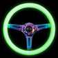 NRG Classic Wood Grain Steering Wheel (350mm) Glow-N-The-Dark Green Grip w/Neochrome 3-Spoke Center