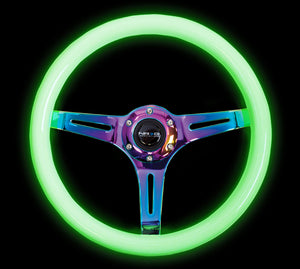 NRG Classic Wood Grain Steering Wheel (350mm) Glow-N-The-Dark Green Grip w/Neochrome 3-Spoke Center