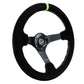 NRG Reinforced Steering Wheel 350mm/3in. Deep Blk Suede/ Neon Green Stitch w/5mm Matte Black Spoke