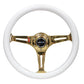 NRG Classic Wood Grain Steering Wheel (350mm) White Grip w/Chrome Gold 3-Spoke Center