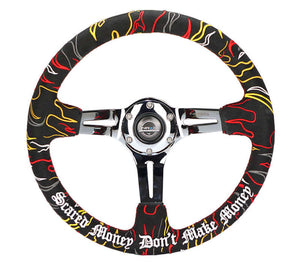NRG Reinforced Steering Wheel R Litteral Sig 3in Deep/5mm Chrome Spoke - Blk Alcantara w/ Red Stitch