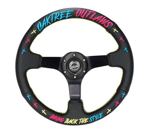 NRG Reinforced Steering Wheel - Oak Tree Outlaws 3in Deep/5mm Blk Spoke 350mm Wheel - Blk Perf Lthr