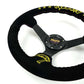 NRG Reinforced Black Perforated Leather Steering Wheel 350mm / 3in Deep w/ NVR Embroidery