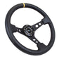 NRG Reinforced Steering Wheel (350mm / 3in. Deep) Blk Leather w/Blk Cutout Spoke/Yellow Center Mark