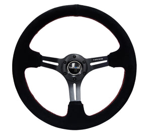 NRG Reinforced Steering Wheel (350mm / 3in. Deep) Blk Suede w/Red Stitching & 5mm Spokes w/Slits