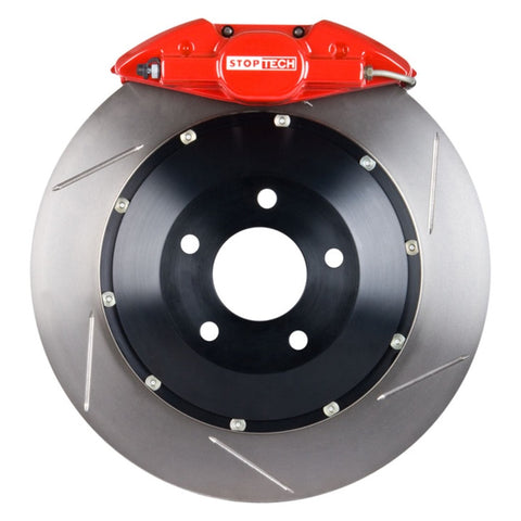 StopTech 03-06 Evo Rear BBK w/ Red ST-22 Calipers Slotted 328X28mm Rotors Pads and SS Lines